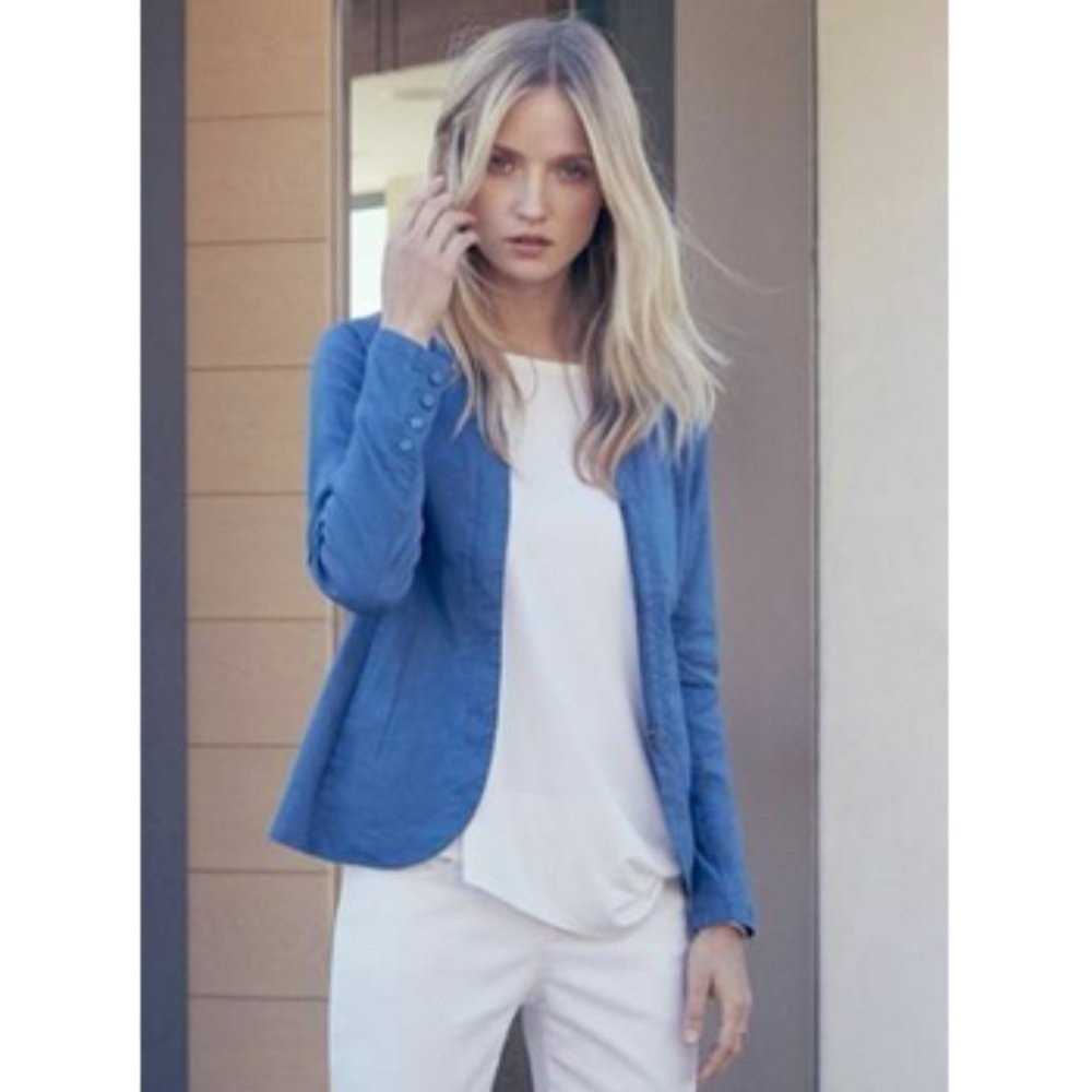 Eileen Fisher Shawl-Collar Peplum Jacket Blue Linen Zip Front Blazer